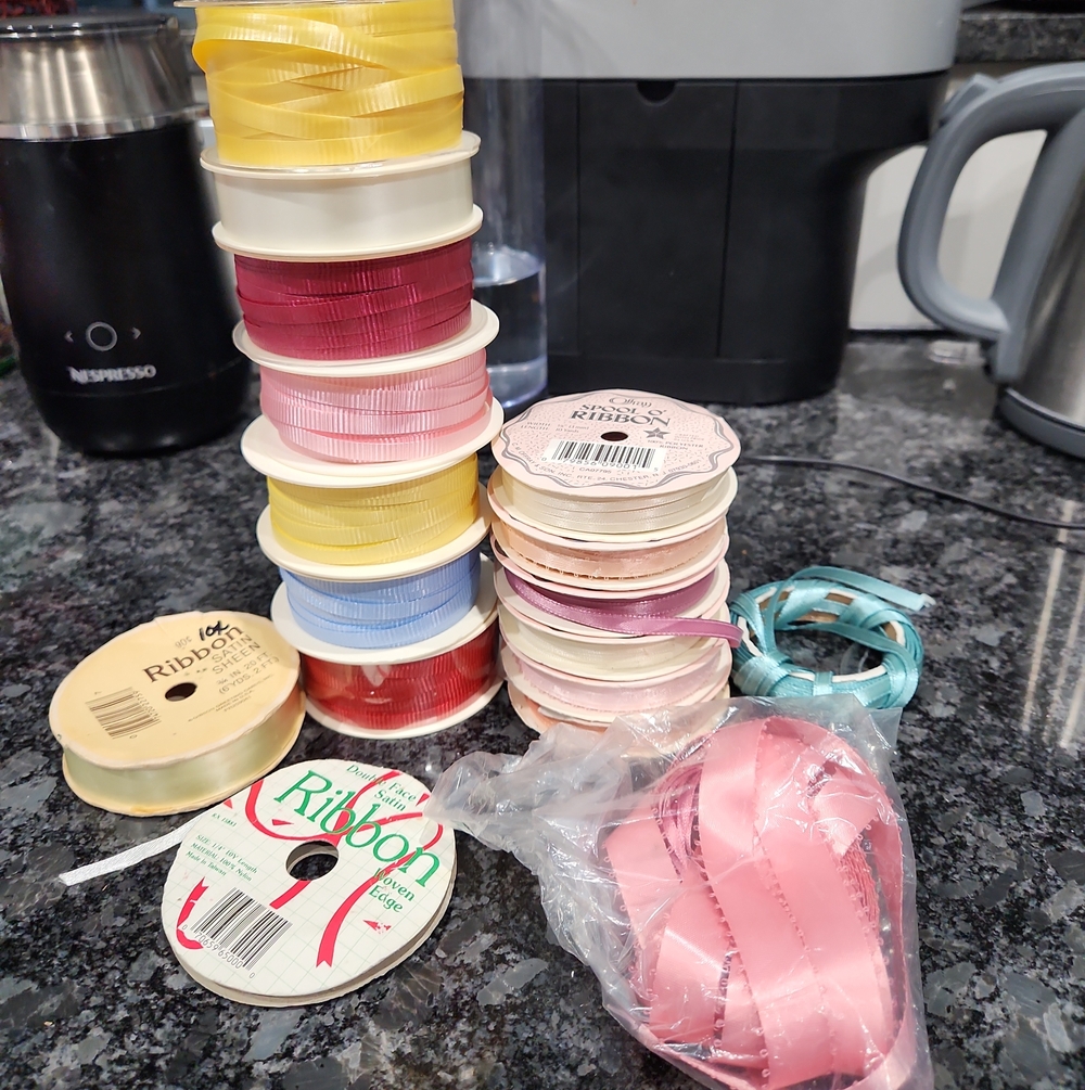 Assorted Pink and Pastel Satin Ribbon Spools for Home Party Supplies